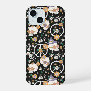 Hippie Halloween schedels en bloemen patroon iPhone 15 Hoesje