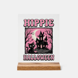 Hippie Halloween Vintage Heksenhuis Kat T-shirt_1 Acryl Bord