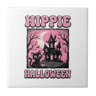 Hippie Halloween Vintage Heksenhuis Kat T-shirt_1 Tegeltje