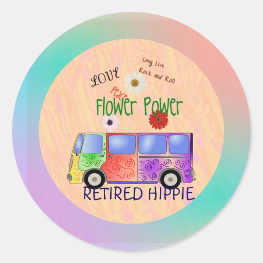 Hippie in ruste staat, groovy design, omlijst ronde sticker (Voorkant)