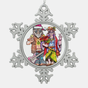 Hippie Kerstman Couple Tin Sneeuwvlok Ornament