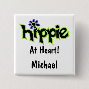 Hippie op Heart Black Lime Green Art Name Badge Vierkante Button 5,1 Cm