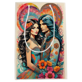 Hippie paar met psychedelische hart medium cadeauzakje