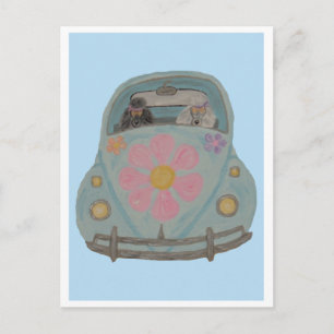 Hippie-poedels in hun Love Car voor bloemenkindere Uitnodiging Briefkaart