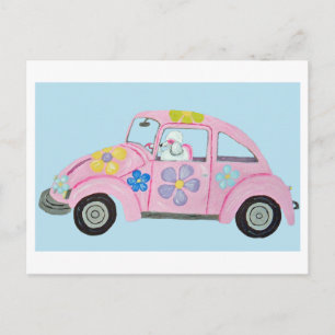 Hippie Poodle in Flower Child Liefdesauto Uitnodiging Briefkaart