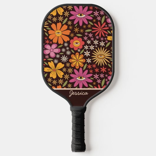 Hippie Psychedelic 70s Groovy Bloemen Oog Aangepas Pickleball Paddle (Voorkant)