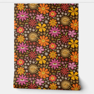 Hippie Psychedelic 70s Groovy Bloemen Oogpatroon Behang