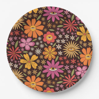 Hippie psychedelische 70s groovy bloemen oogpatroo papieren bordje