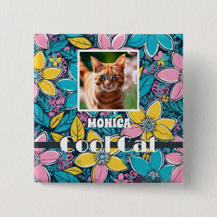 Hippie Retro Bloemen Groovy Cool Cat Custom Foto Vierkante Button 5,1 Cm
