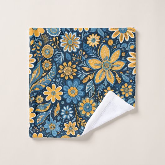 Hippie rétro Fleurs Vintages Design bleu jaune (Gant de toilette)