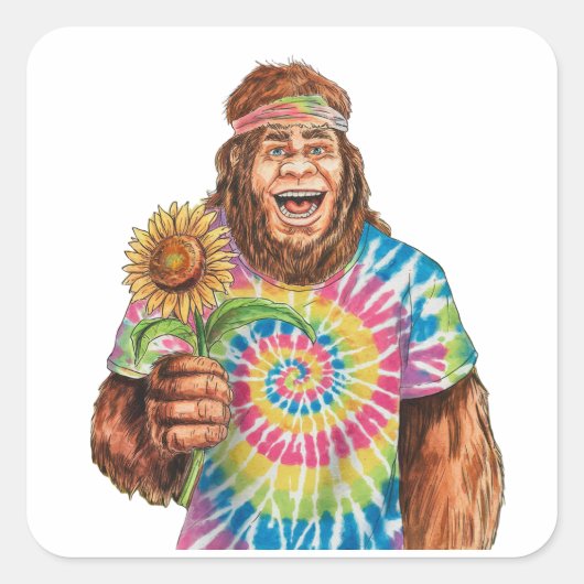 Hippie Sasquatch met zonnebloem Vierkante Sticker (Voorkant)