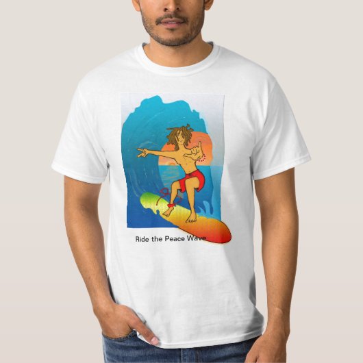 Hippie Surfer, Ride the the Peace Wave T-shirt (Voorkant)