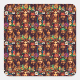 Hippie Tapestry Groovy Psychedelic Peace Era Vierkante Sticker