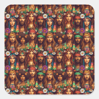 Hippie Tapestry Groovy Psychedelic Peace Era Vierkante Sticker