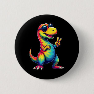Hippie Tie Dye T-rex Dino Vredesteken  Ronde Button 5,7 Cm
