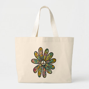 Hippie Trippy Flower Power Peace Sign-zeven Grote Tote Bag