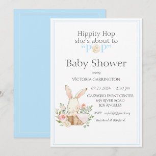 Hippity Hop Bunny Blue Modern Baby shower Kaart