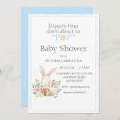 Hippity Hop Konijn Blauwe Moderne Baby Shower Kaart (Voorkant / Achterkant)