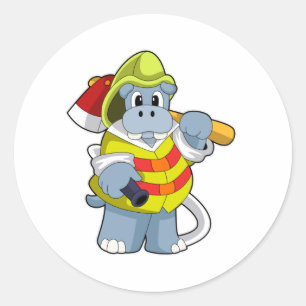 Hippo als brandweerman met Ax Ronde Sticker
