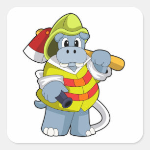 Hippo als brandweerman met Ax Vierkante Sticker