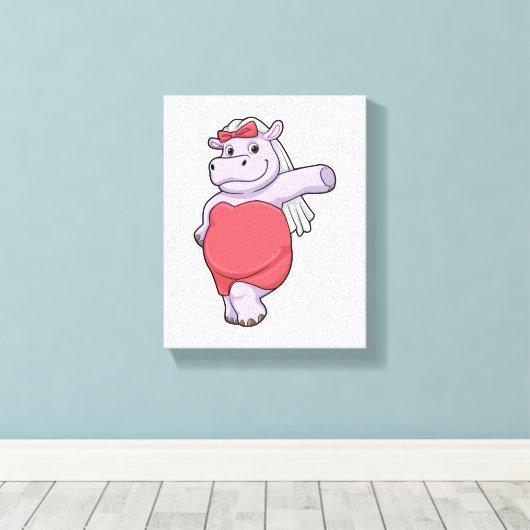 Hippo als Bride met Veil & Bow Canvas Afdruk (Insitu (Houten vloer))