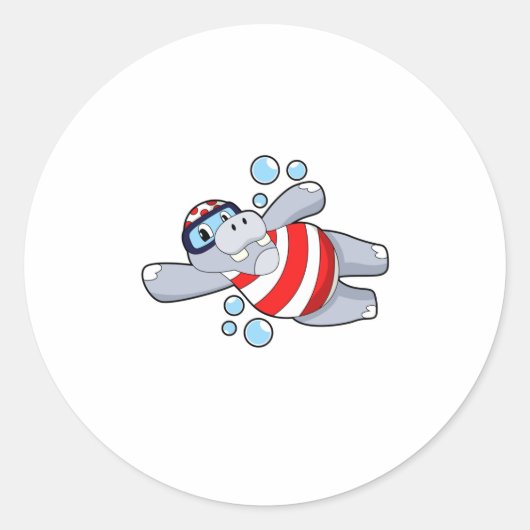 Hippo als duiker met zwembril ronde sticker (Voorkant)