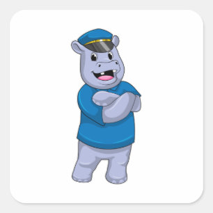 Hippo als politieagent met pet van politie vierkante sticker