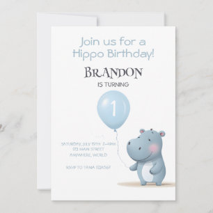 Hippo Anniversaire doux bleu simple invitation