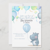 Hippo Anniversaire doux bleu simple invitation (Devant)
