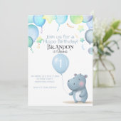 Hippo Anniversaire doux bleu simple invitation (Debout devant)