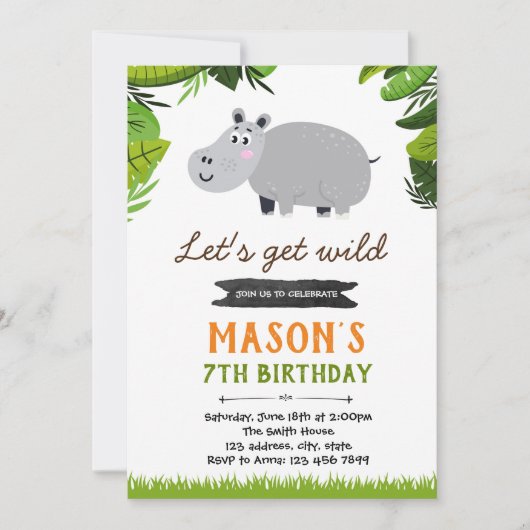 Hippo anniversaire thème de fête invitation (Devant)