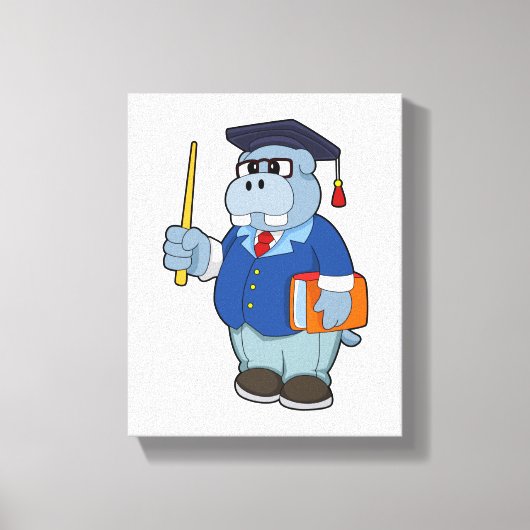 Hippo as Professor with Book Canvas Afdruk (Voorkant)