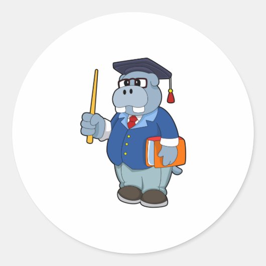 Hippo as Professor with Book Ronde Sticker (Voorkant)