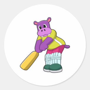 Hippo at Cricket with Cricket bat Ronde Sticker