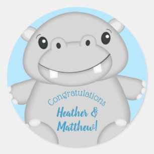 Hippo Baby shower Blue Ronde Sticker