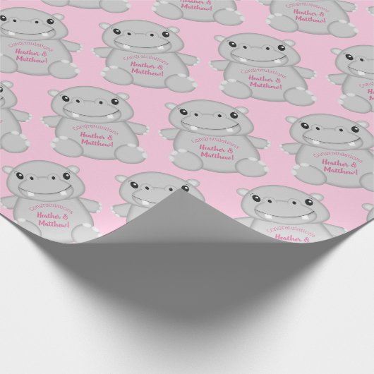 Hippo Baby shower Roze Cadeaupapier (Hoek)