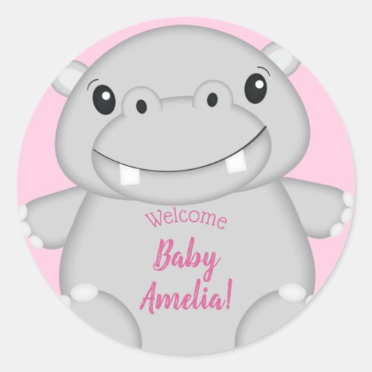 Hippo Baby shower Roze Ronde Sticker (Voorkant)