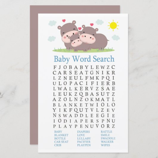 Hippo Baby shower Word Search Game (Voorkant / Achterkant)
