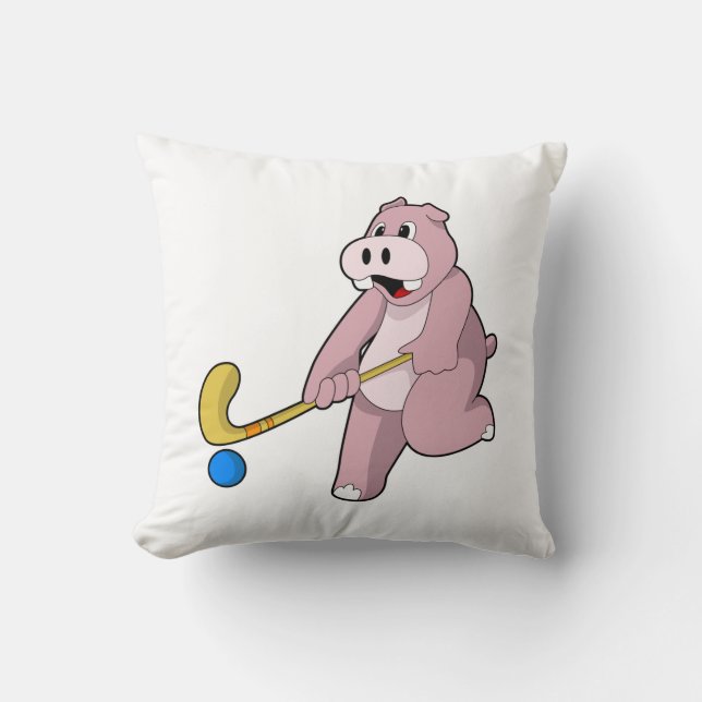 Hippo bij Hockey met Hockey bat Kussen (Voorkant)