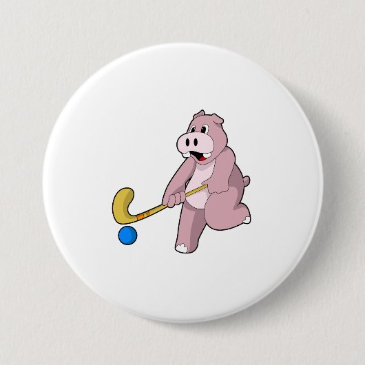 Hippo bij Hockey met Hockey bat Ronde Button 7,6 Cm (Voorkant)
