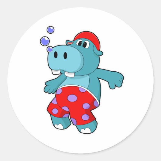 Hippo bij zwemmen met zwemboomstammen ronde sticker (Voorkant)