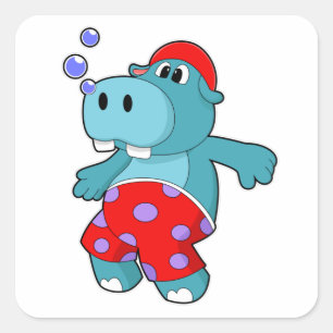 Hippo bij zwemmen met zwemboomstammen vierkante sticker