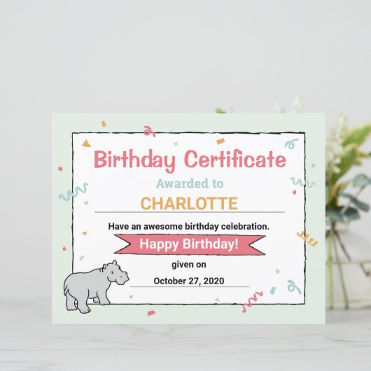 Hippo Birthday Party Hippo HippopotamusCertificate (Staand voorkant)