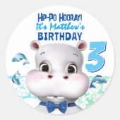 Hippo Blue Fish Boy Birthday Bedankt Ronde Sticker (Voorkant)