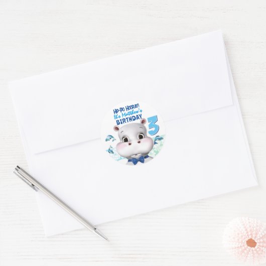 Hippo Blue Fish Boy Birthday Bedankt Ronde Sticker (Envelop)