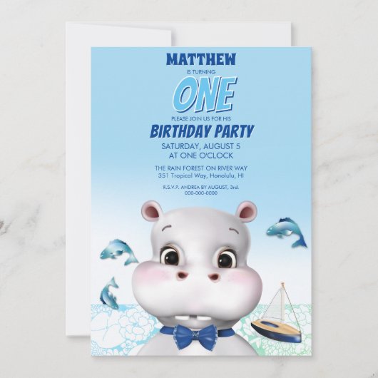 Hippo Blue Fish Boy Birthday Kaart (Voorkant)