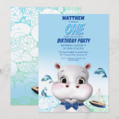 Hippo Blue Fish Boy Birthday Kaart (Voorkant / Achterkant)