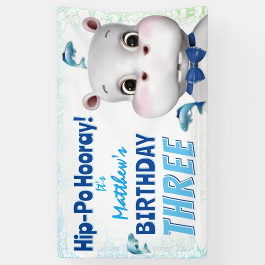 Hippo Blue Fish Boy Birthday Spandoek (Verticaal)