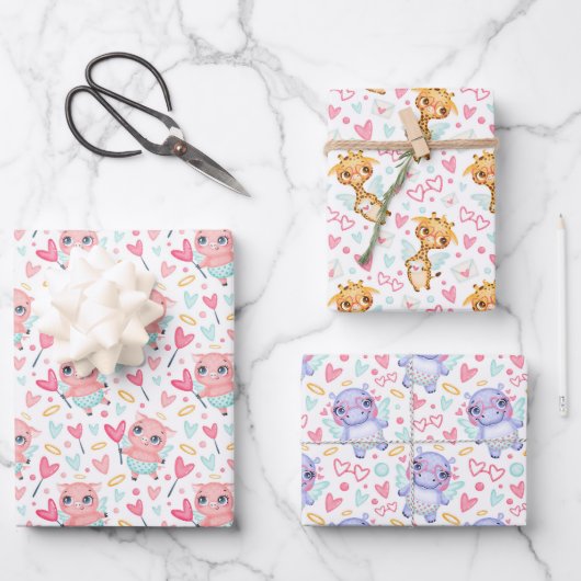 Hippo Giraffe Pig Love Wrapping Papier ensemble de (Recto)