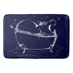 Hippo in Bath Fun Illustration Navy Badmat